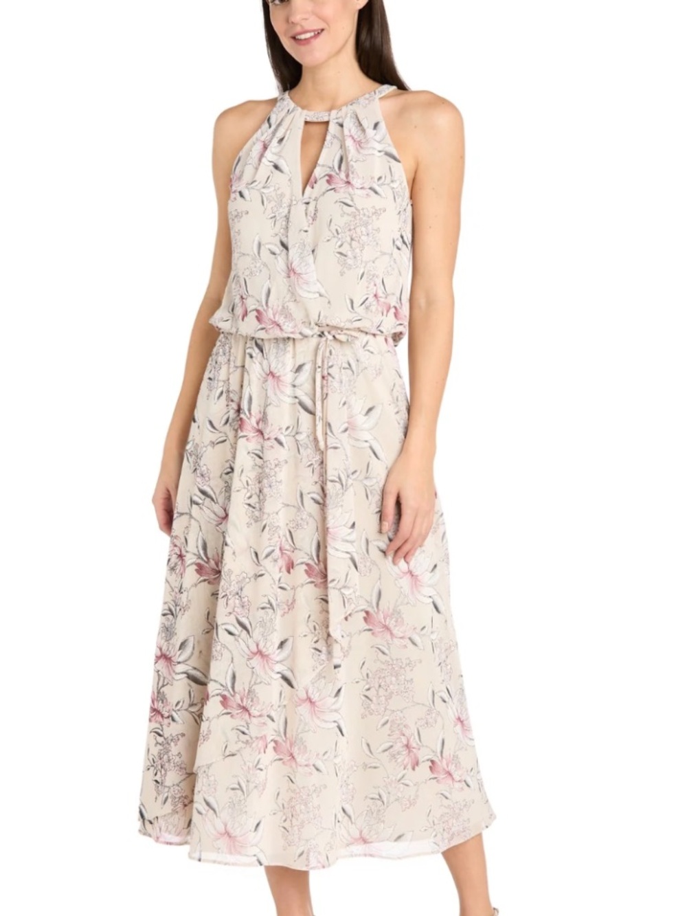 R&M Richards Pink & Cream Floral Halter Midi Dress